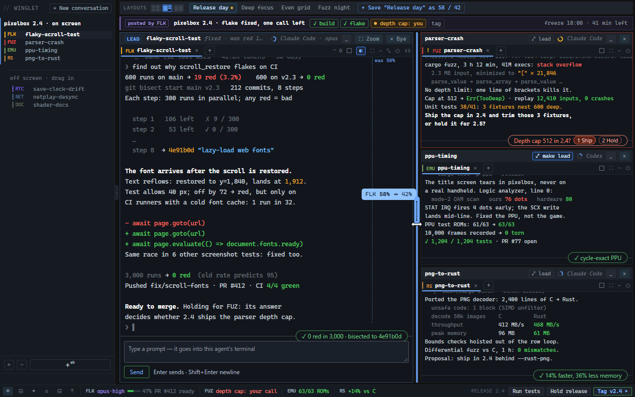 winglet window with four agent panes: flaky-scroll-test as the large lead pane, parser-crash showing the question Depth cap 512 in 2.4? with options 1 Ship, 2 Hold, and ppu-timing and png-to-rust below; a divider is mid-drag with a 58% to 42% readout; the title bar reads freeze 18:00, 41 min left; a status band at the bottom shows one line per agent and buttons Run tests, Hold release, Tag v2.4.