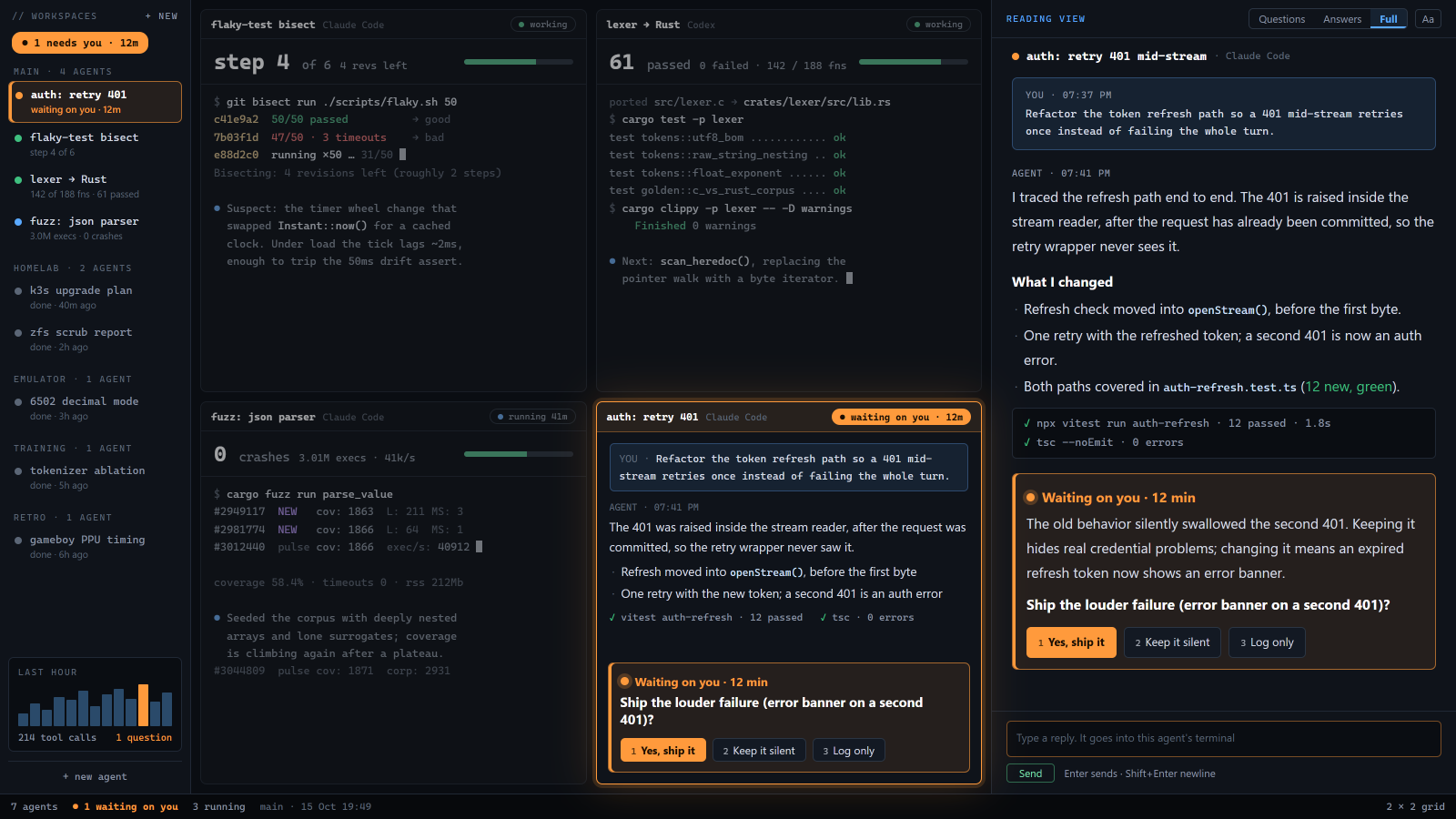 winglet window: a sidebar listing projects with the head line 1 needs you, 12m; a two-by-two grid of four conversations in reading view: a flaky-test bisect at step 4 of 6, a lexer port reporting 61 tests passed, a JSON fuzzer reporting 0 crashes, and auth: retry 401 highlighted as waiting on you for 12 minutes; a reading view panel on the right with Questions, Answers and Full tabs; a footer reading 7 agents, 1 waiting on you, 3 running.