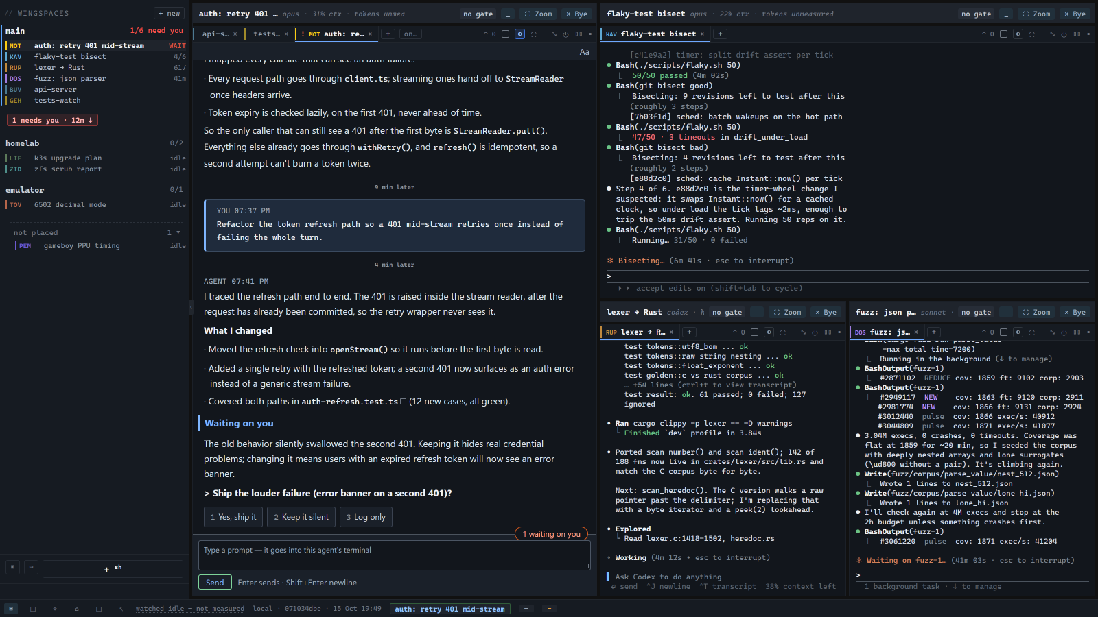 winglet window: a sidebar of projects with 1 needs you, 12m at the top; the main pane shows the conversation auth: retry 401 mid-stream in the reading view with the line Waiting on you, the question Ship the louder failure (error banner on a second 401)? and three numbered options, Yes ship it, Keep it silent, Log only, plus a pill reading 1 waiting on you; three terminal panes on the right: flaky-test bisect, lexer to Rust, fuzz: json parser.