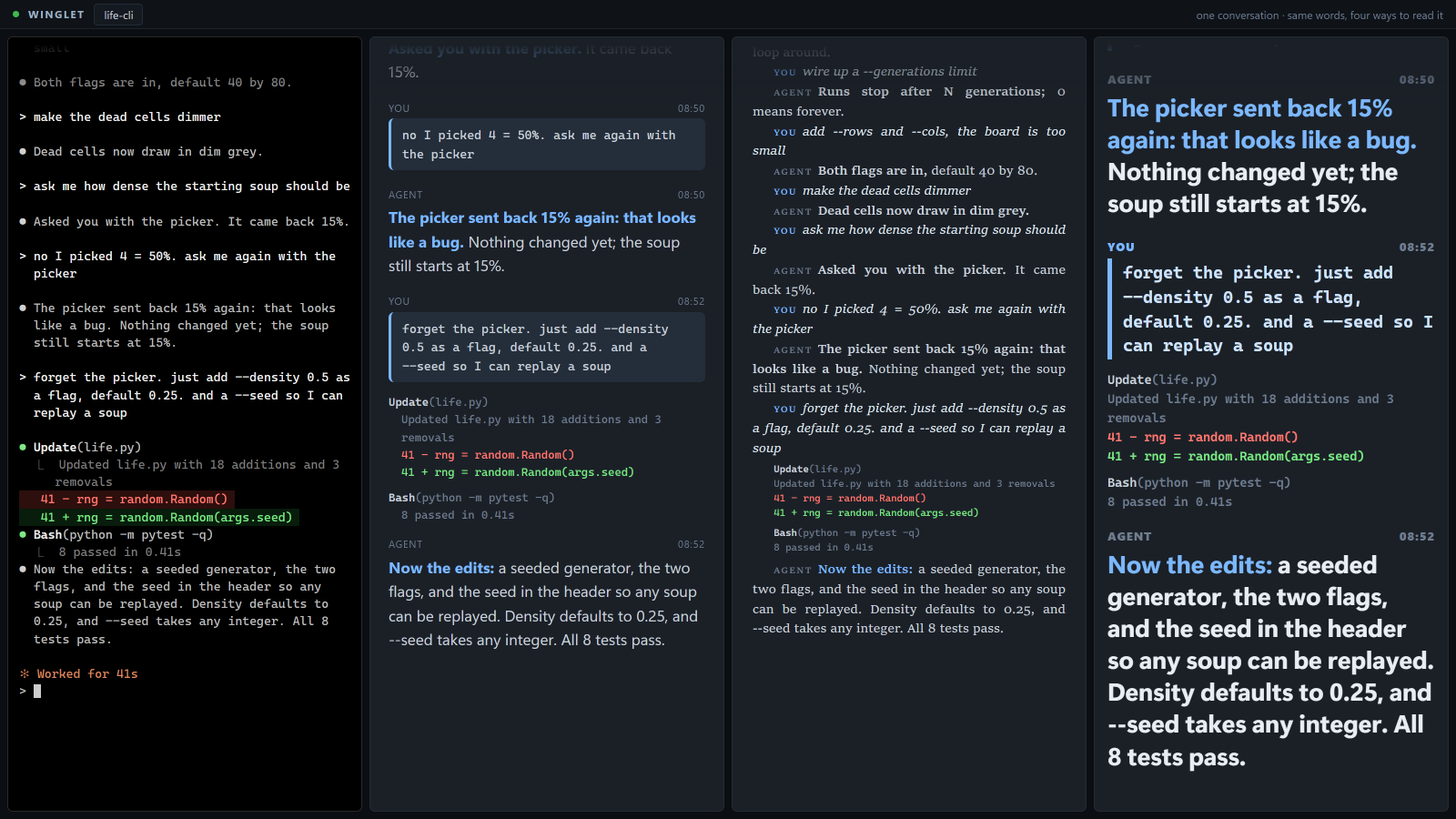 Four columns titled one conversation, same words, four ways to read it: the terminal as printed in a monospace font, then the same Game-of-Life conversation in a medium sans-serif, a small justified serif, and an extra-large bold wide sans-serif. Every column carries the same line: The picker sent back 15% again: that looks like a bug.